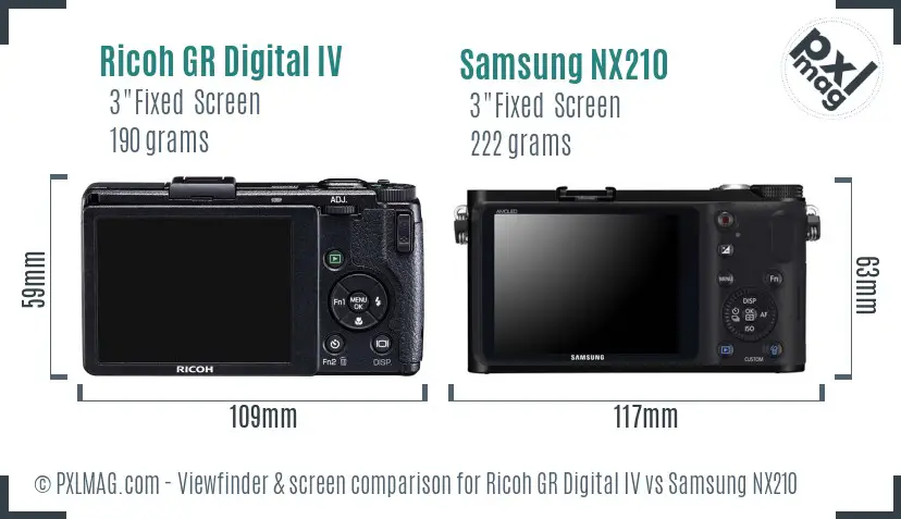 Ricoh GR Digital IV vs Samsung NX210 Screen and Viewfinder comparison