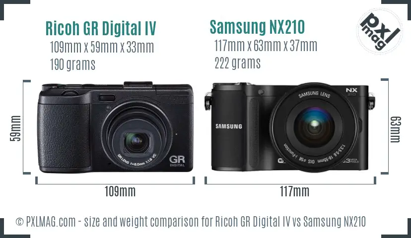 Ricoh GR Digital IV vs Samsung NX210 size comparison