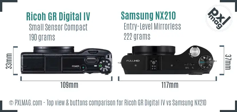 Ricoh GR Digital IV vs Samsung NX210 top view buttons comparison