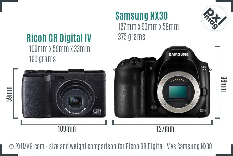 Ricoh GR Digital IV vs Samsung NX30 size comparison