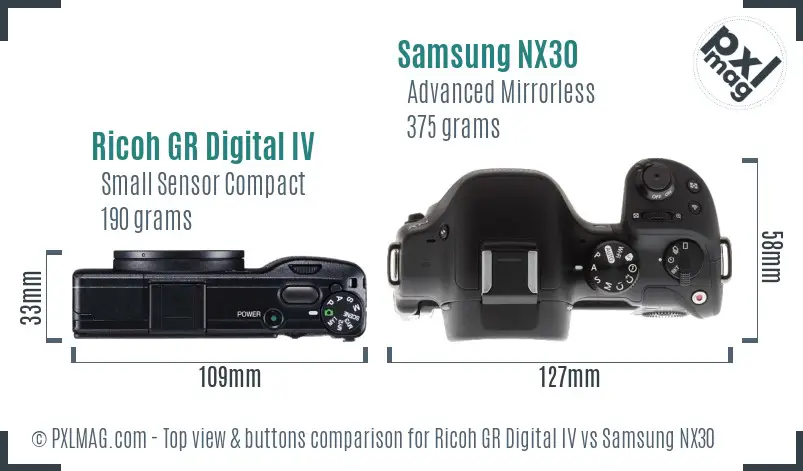 Ricoh GR Digital IV vs Samsung NX30 top view buttons comparison