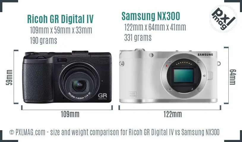 Ricoh GR Digital IV vs Samsung NX300 size comparison
