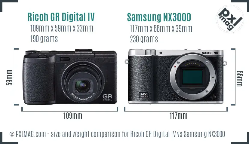 Ricoh GR Digital IV vs Samsung NX3000 size comparison