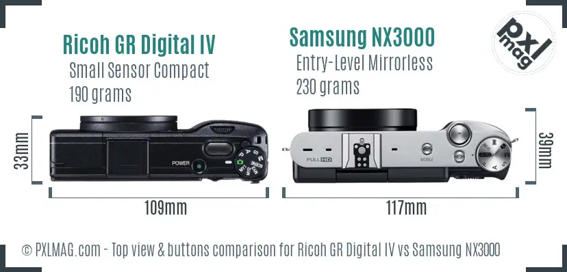 Ricoh GR Digital IV vs Samsung NX3000 top view buttons comparison