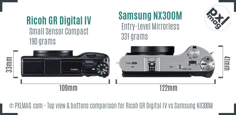Ricoh GR Digital IV vs Samsung NX300M top view buttons comparison