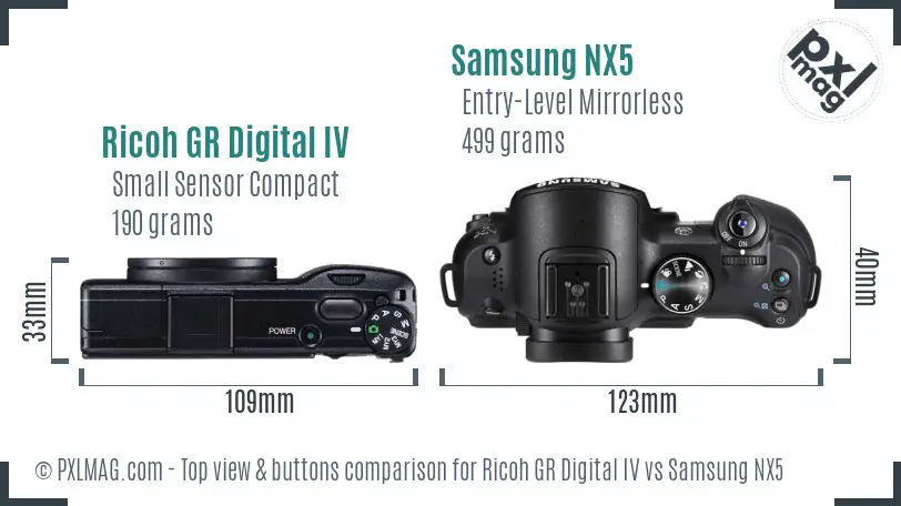 Ricoh GR Digital IV vs Samsung NX5 top view buttons comparison