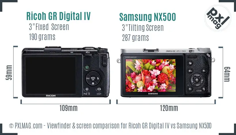 Ricoh GR Digital IV vs Samsung NX500 Screen and Viewfinder comparison