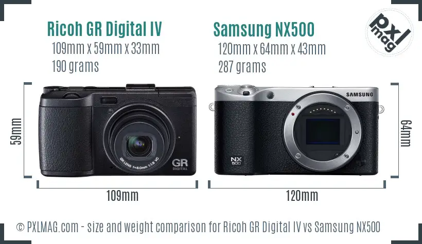 Ricoh GR Digital IV vs Samsung NX500 size comparison