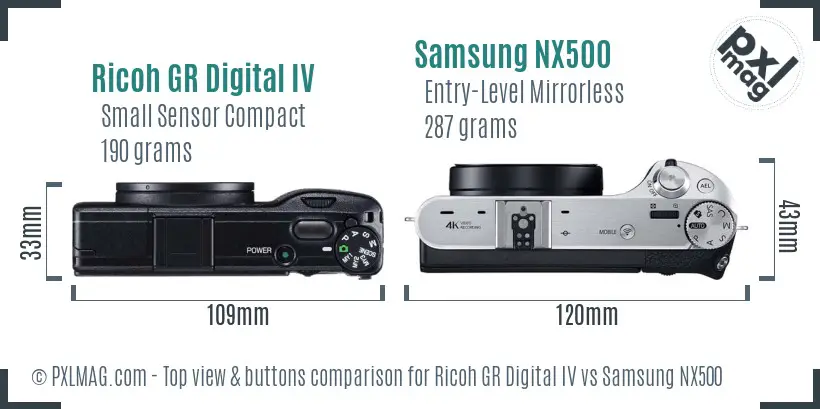 Ricoh GR Digital IV vs Samsung NX500 top view buttons comparison