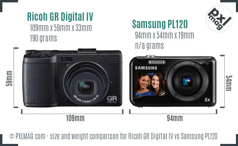 Ricoh GR Digital IV vs Samsung PL120 size comparison