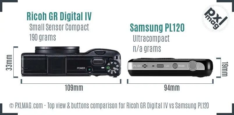 Ricoh GR Digital IV vs Samsung PL120 top view buttons comparison