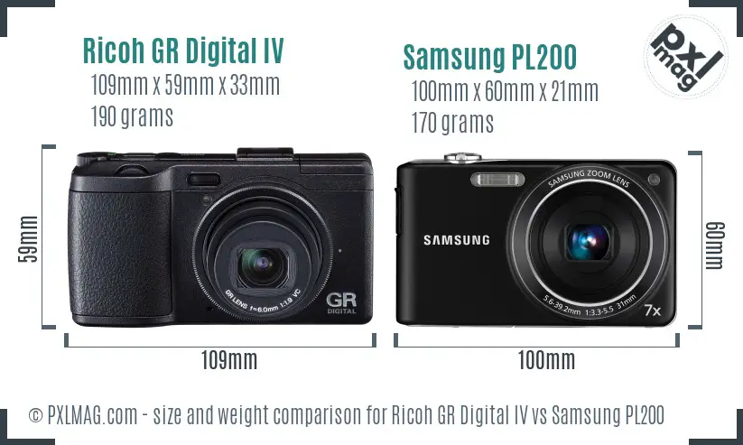Ricoh GR Digital IV vs Samsung PL200 size comparison