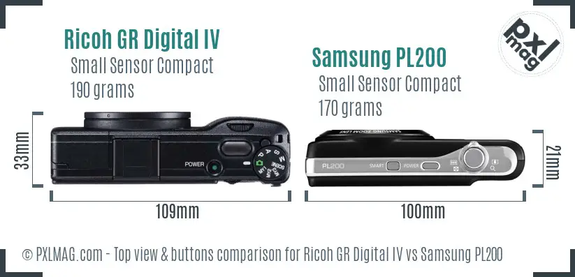 Ricoh GR Digital IV vs Samsung PL200 top view buttons comparison