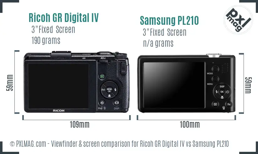 Ricoh GR Digital IV vs Samsung PL210 Screen and Viewfinder comparison