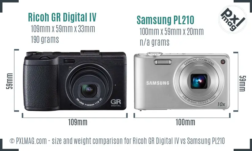 Ricoh GR Digital IV vs Samsung PL210 size comparison