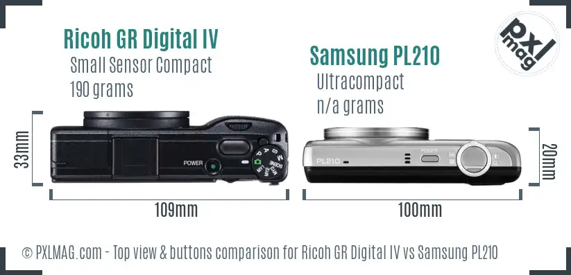 Ricoh GR Digital IV vs Samsung PL210 top view buttons comparison