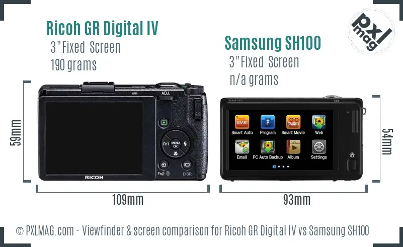 Ricoh GR Digital IV vs Samsung SH100 Screen and Viewfinder comparison