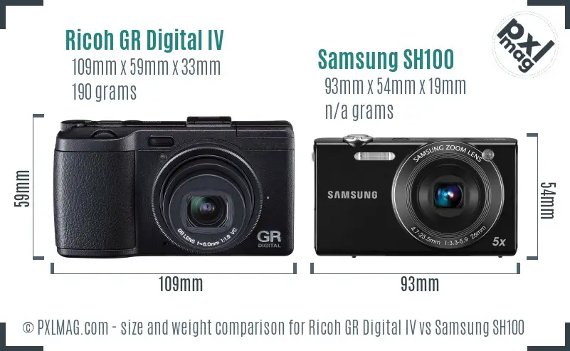 Ricoh GR Digital IV vs Samsung SH100 size comparison