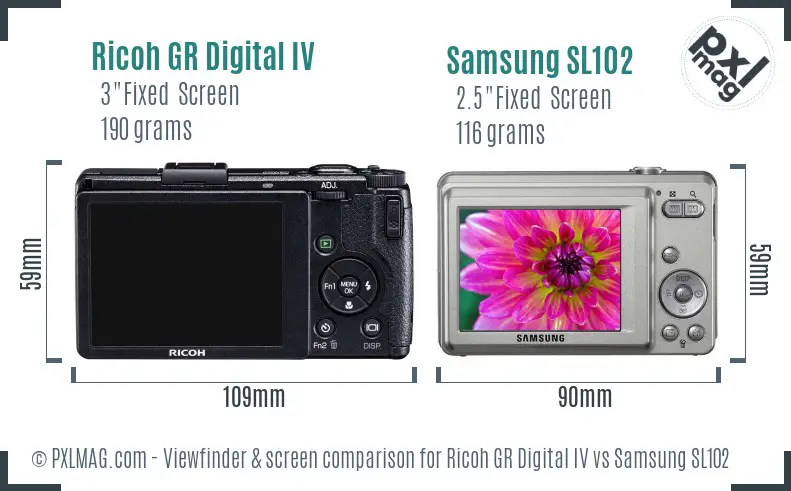 Ricoh GR Digital IV vs Samsung SL102 Screen and Viewfinder comparison