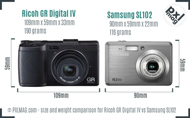 Ricoh GR Digital IV vs Samsung SL102 size comparison