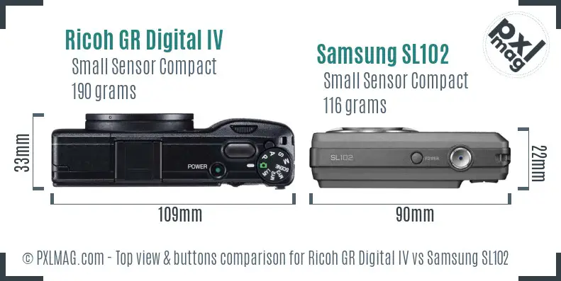 Ricoh GR Digital IV vs Samsung SL102 top view buttons comparison