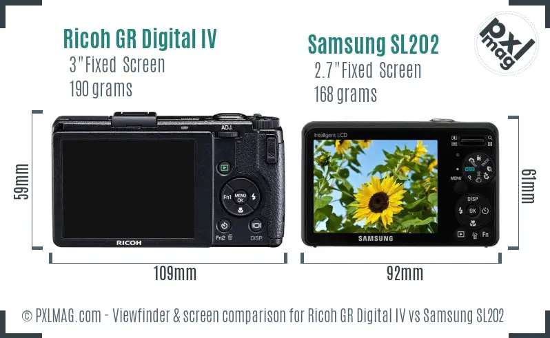 Ricoh GR Digital IV vs Samsung SL202 Screen and Viewfinder comparison
