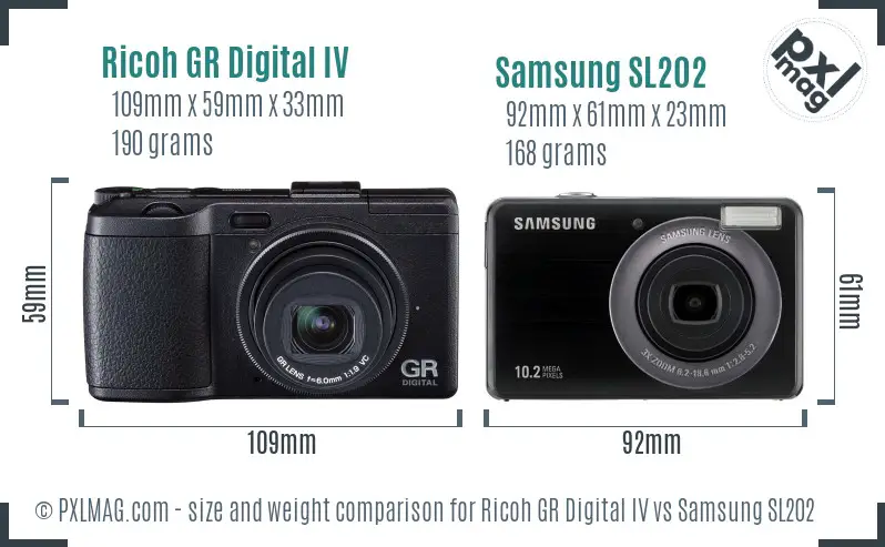 Ricoh GR Digital IV vs Samsung SL202 size comparison