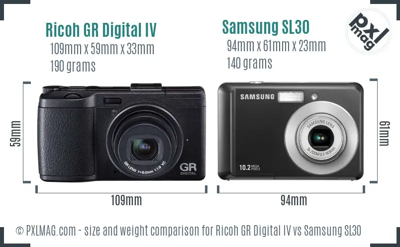Ricoh GR Digital IV vs Samsung SL30 size comparison