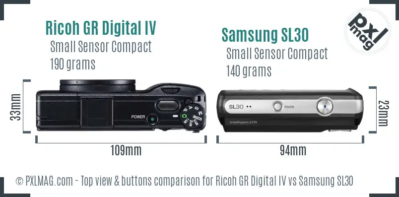 Ricoh GR Digital IV vs Samsung SL30 top view buttons comparison