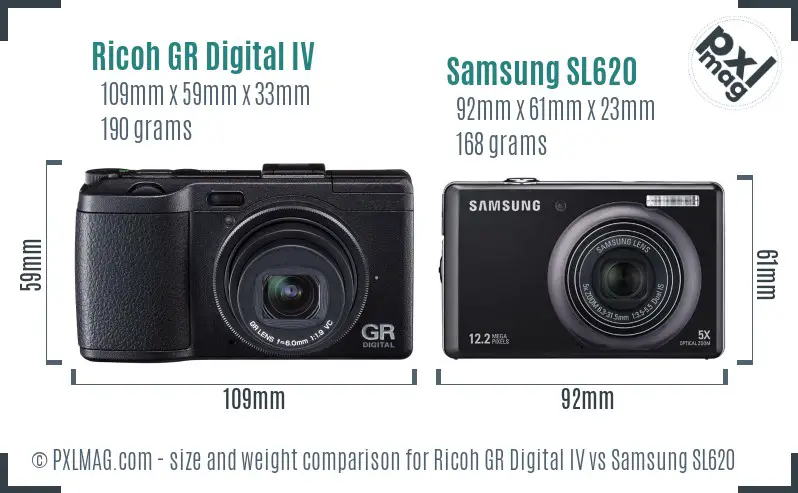 Ricoh GR Digital IV vs Samsung SL620 size comparison