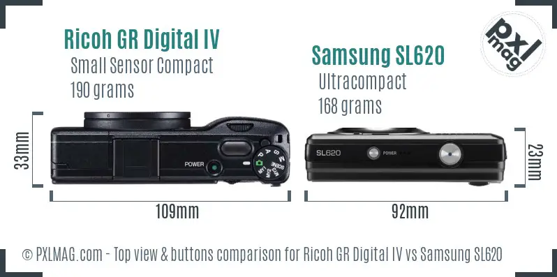 Ricoh GR Digital IV vs Samsung SL620 top view buttons comparison