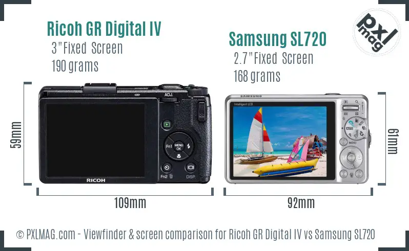 Ricoh GR Digital IV vs Samsung SL720 Screen and Viewfinder comparison