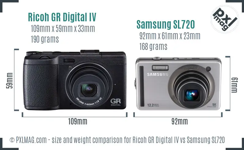 Ricoh GR Digital IV vs Samsung SL720 size comparison