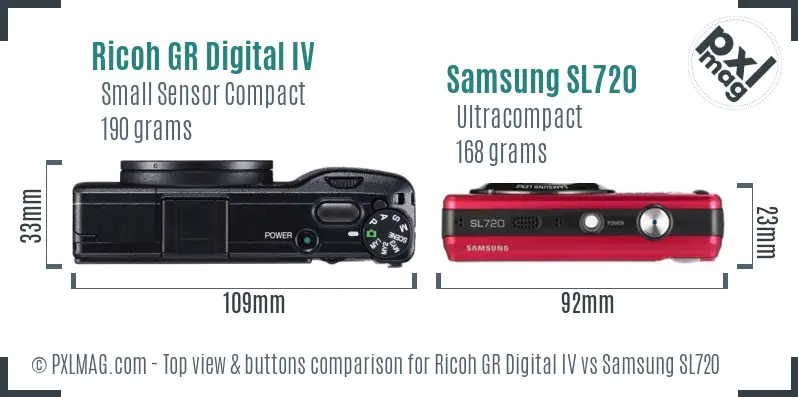 Ricoh GR Digital IV vs Samsung SL720 top view buttons comparison
