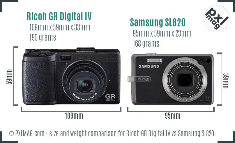 Ricoh GR Digital IV vs Samsung SL820 size comparison