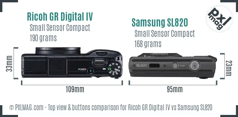 Ricoh GR Digital IV vs Samsung SL820 top view buttons comparison