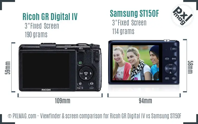 Ricoh GR Digital IV vs Samsung ST150F Screen and Viewfinder comparison