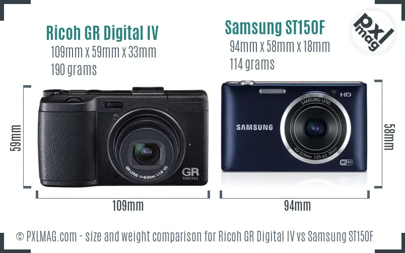 Ricoh GR Digital IV vs Samsung ST150F size comparison