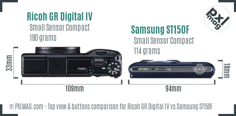 Ricoh GR Digital IV vs Samsung ST150F top view buttons comparison