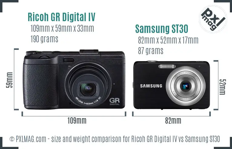 Ricoh GR Digital IV vs Samsung ST30 size comparison