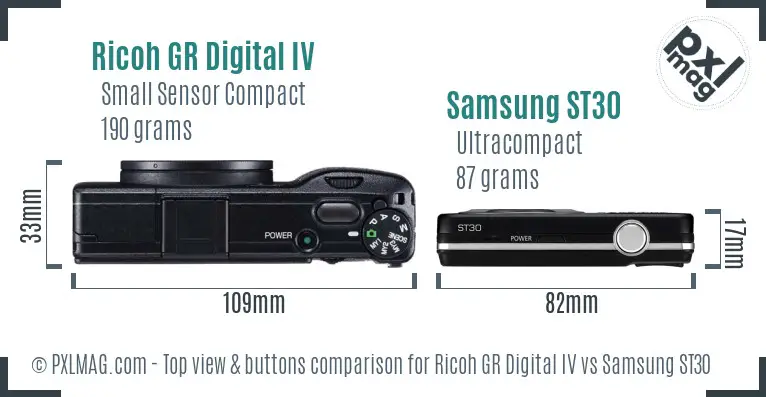 Ricoh GR Digital IV vs Samsung ST30 top view buttons comparison