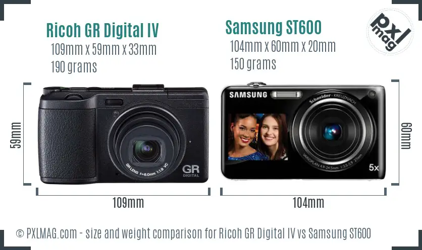 Ricoh GR Digital IV vs Samsung ST600 size comparison