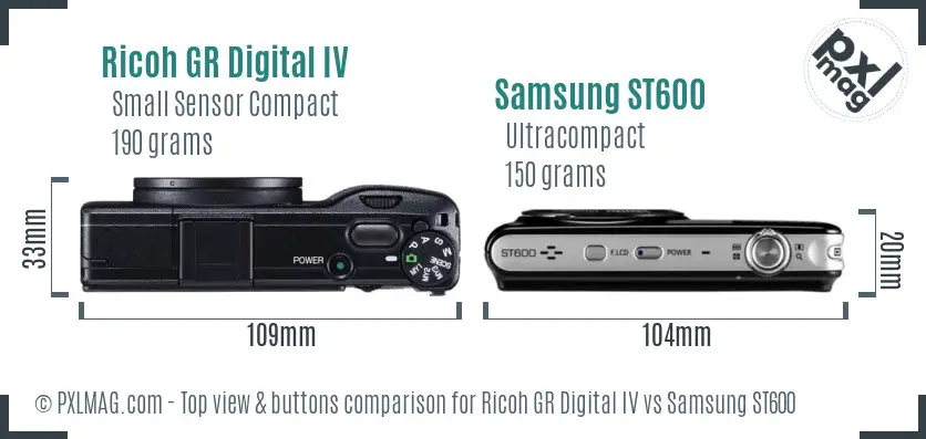Ricoh GR Digital IV vs Samsung ST600 top view buttons comparison
