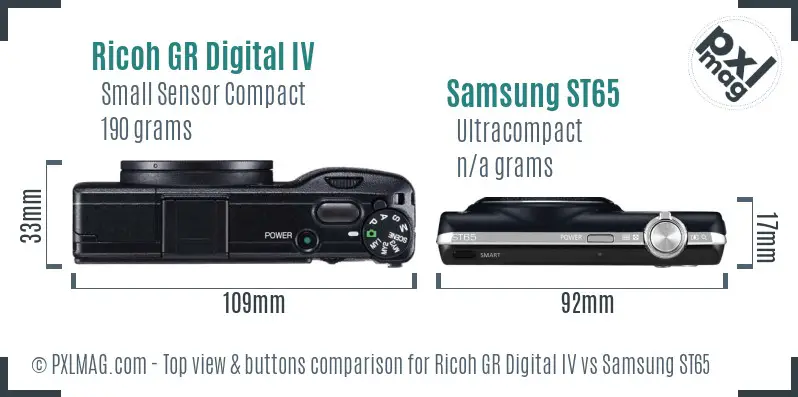 Ricoh GR Digital IV vs Samsung ST65 top view buttons comparison