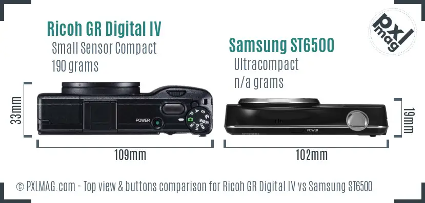 Ricoh GR Digital IV vs Samsung ST6500 top view buttons comparison