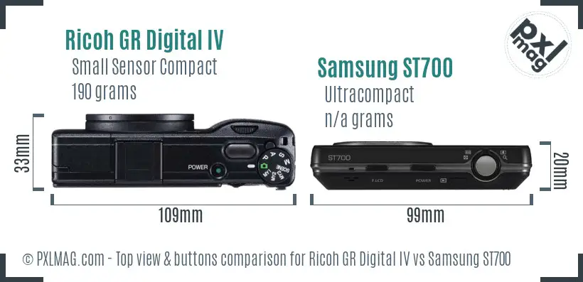 Ricoh GR Digital IV vs Samsung ST700 top view buttons comparison