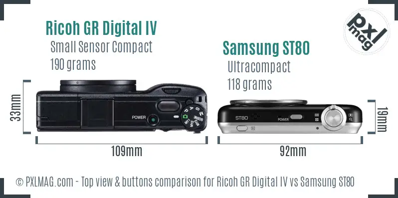 Ricoh GR Digital IV vs Samsung ST80 top view buttons comparison