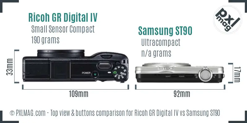 Ricoh GR Digital IV vs Samsung ST90 top view buttons comparison