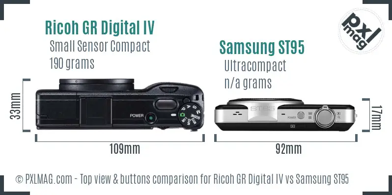 Ricoh GR Digital IV vs Samsung ST95 top view buttons comparison