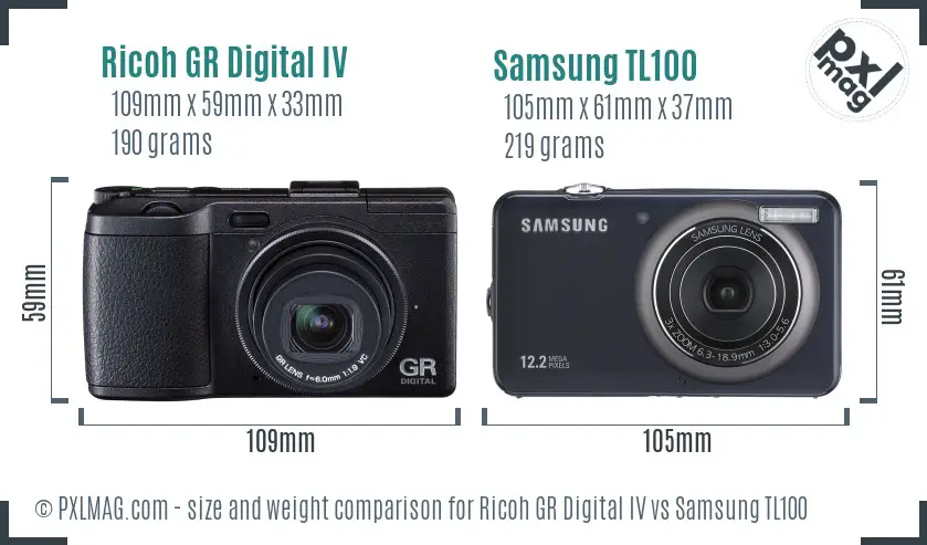 Ricoh GR Digital IV vs Samsung TL100 size comparison
